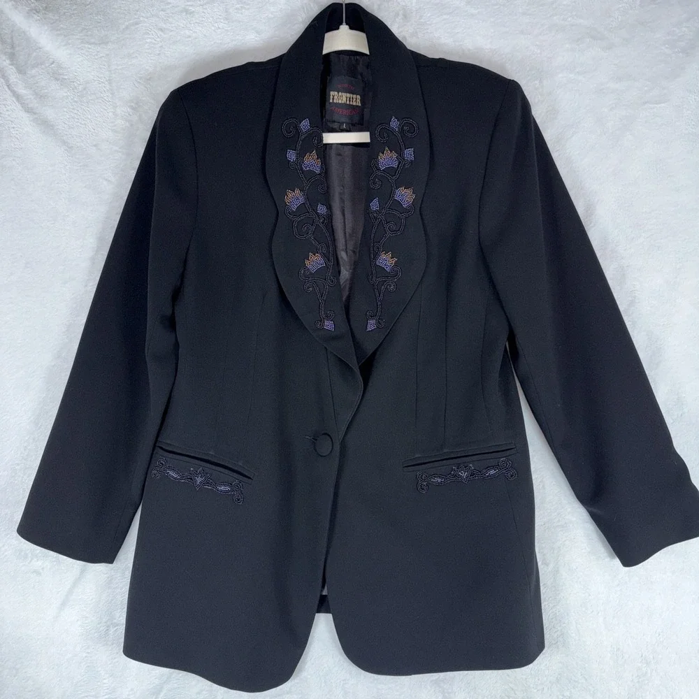 Vtg North American Frontier Black Beaded Western Cowgirl Blazer Sz L